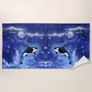 Killer Whale on Blue Full Moon Beach Towel Strandtuch