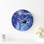 Killer Whale on Full Moon - Art Drawing Blue Große Wanduhr (Zuhause)