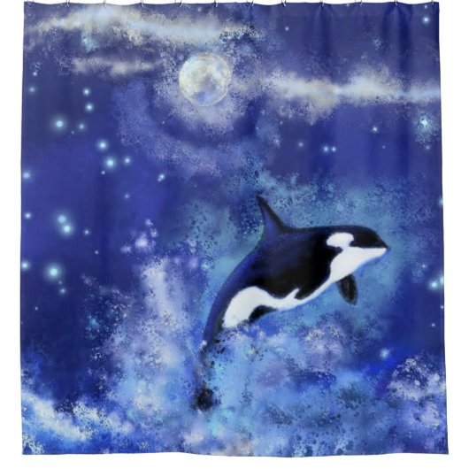 Killer Whale on Full Moon - Art Zeichn - Blau Duschvorhang (Vorderseite)