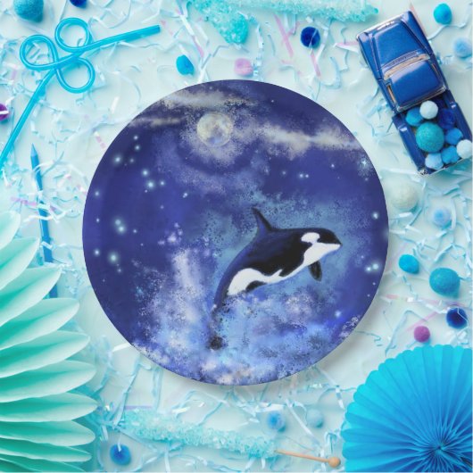 Killer Whale on Full Moon - Art Zeichn - Blau Pappteller (Party)