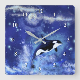 Killer Whale on Full Moon - Art Zeichn - Blau Quadratische Wanduhr