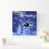 Killer Whale on Full Moon - Art Zeichn - Blau Quadratische Wanduhr (Zuhause)