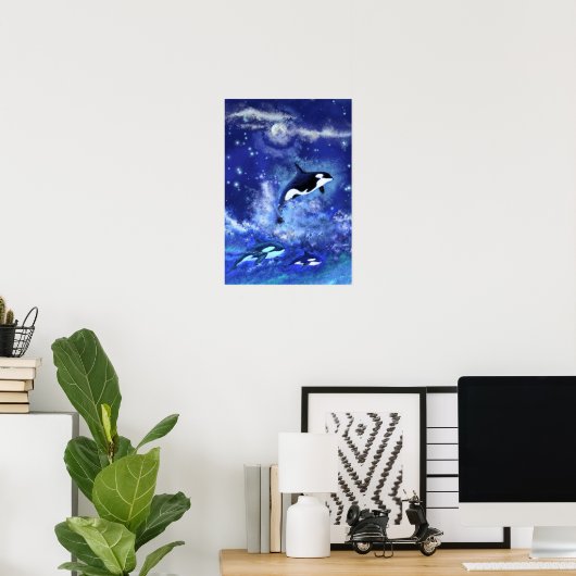 Killer Whales auf Blue Full Moon Poster Malerei (Heimbüro)