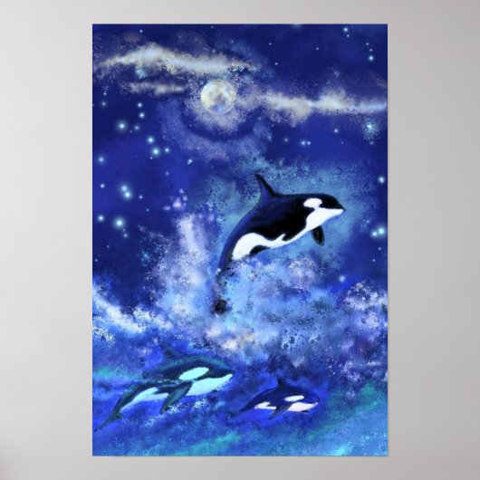 Killer Whales auf Blue Full Moon Poster Malerei (Vorne)