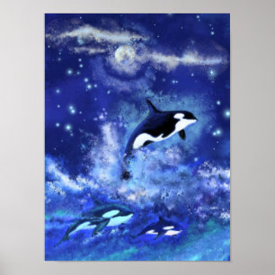 Killer Whales auf Blue Full Moon Poster Malerei