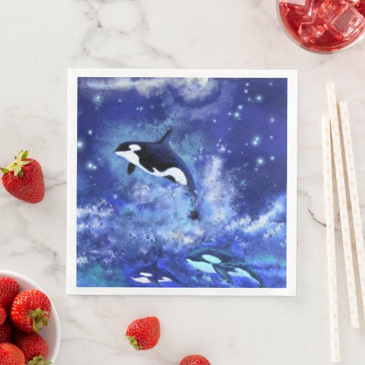 Killer Whales auf Vollmond Napkins Blaue Nacht Serviette (Beispiel)