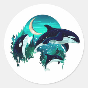 Killer Whales Cool Blue Nature Illustration Runder Aufkleber