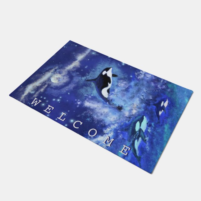 Killer Whales Doormat Blauer Vollmond Nacht Fußmatte (Schrägansicht)