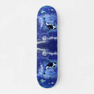 Killerwale auf Vollmond - Kunst Zeichne blau Skateboard