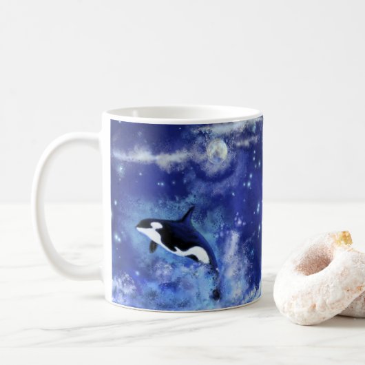 Killerwale auf Vollmond - Kunst Zeichnend - Blau Kaffeetasse (Mit Donut)