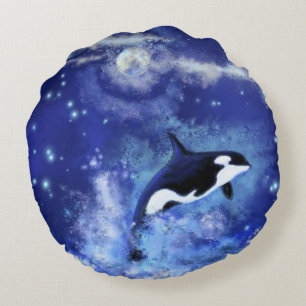 Killerwale in blau Vollmond, Rundkissen Rundes Kissen