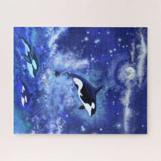 Killerwale Schwimmen auf Vollmond - Zeichnend Kuns Puzzle (Horizontal)