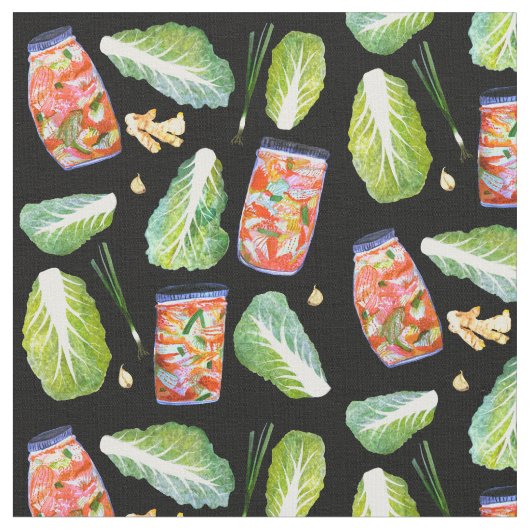 Kimchi Ingredients Watercolor Pattern Schwarz Stoff (Nahaufnahme)
