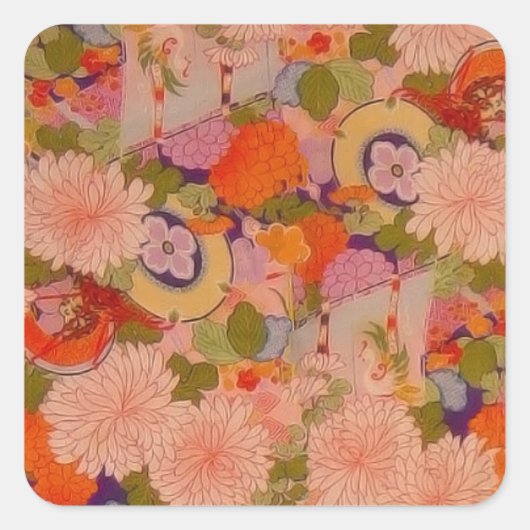 Kimono Blume Rosa Blumenmuster Quadratischer Aufkleber (Vorderseite)
