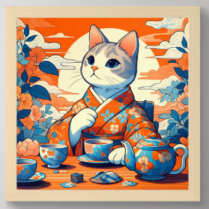 Kimono Cat Drinking Tee Japanisch Orange Blue Poster