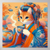 Kimono Cat Geisha mit Tee Japanisch Orange Blue Poster (Vorne)