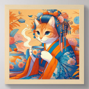 Kimono Cat Geisha mit Tee Japanisch Orange Blue Poster