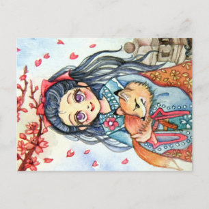 Kimono Girl Holding Little Fox Postkarte