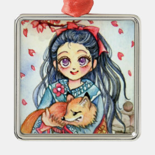 Kimono Girl Holding Little Fox Silbernes Ornament