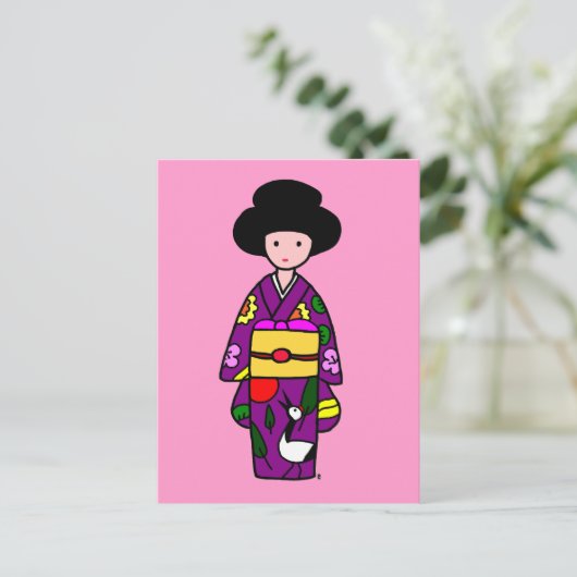 Kimono Girl Lila Cartoon Postkarte (Stehend Vorderseite)