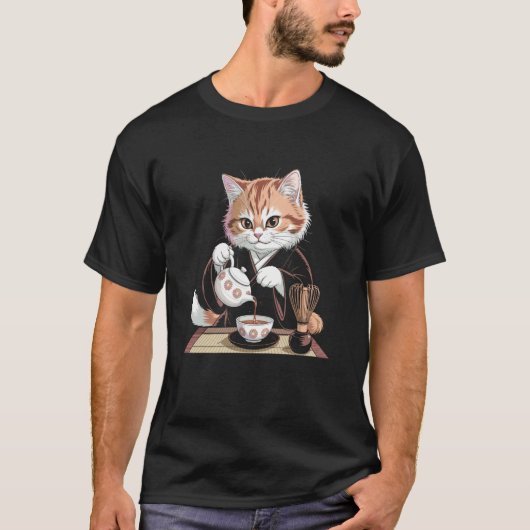 Kimono-Katze trinkt Tee Holzschnittkunst (Vorderseite)