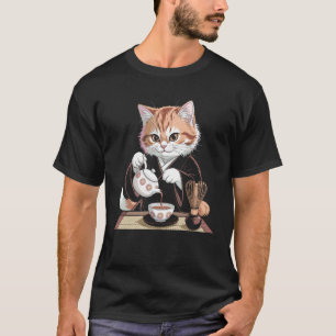 Kimono-Katze trinkt Tee Holzschnittkunst