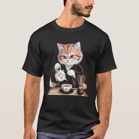 Kimono-Katze trinkt Tee Holzschnittkunst (Vorderseite)