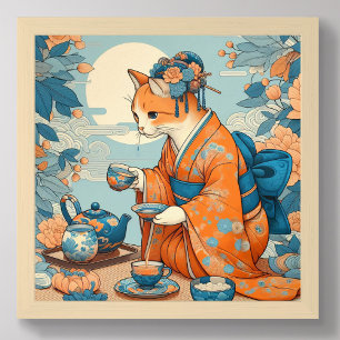 Kimono Kitty mit Tee Japanisch Orange Blue Poster