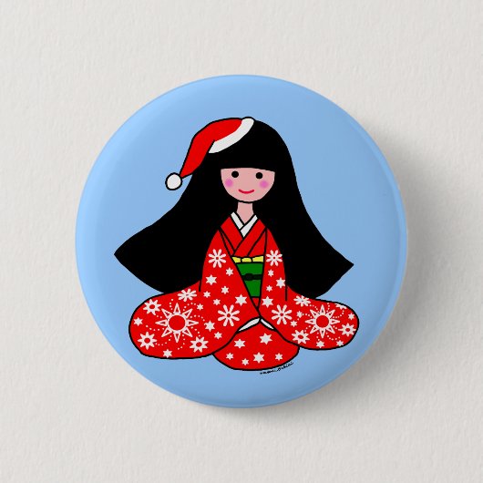 Kimono-Mädchen-WeihnachtsCartoon-Illustration Button (Vorderseite)