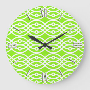 Kimono print, lime green and white große wanduhr