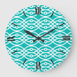 Kimono print, turquoise and white große wanduhr