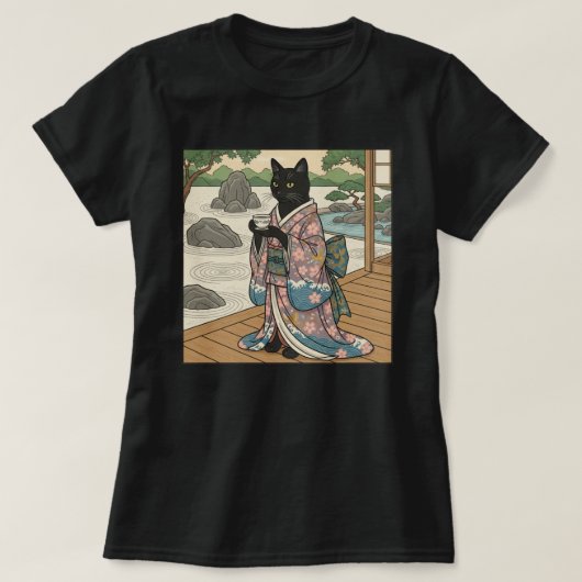 Kimono Schwarze Katze T-Shirt (Design vorne)