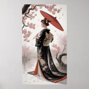 Kimono und Kirschblüten Poster