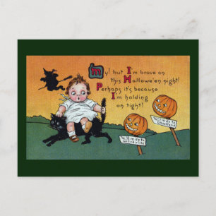 Kind auf Katze und JOL-Wegweisern Vintage-Hallowee Postkarte