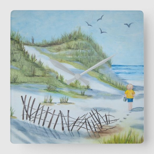Kind auf Sandstrand Quadratische Wanduhr (Vorderseite)