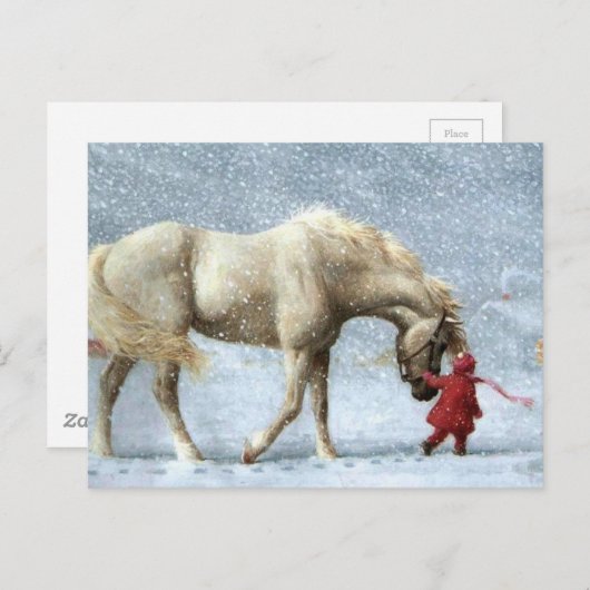 Kind, das ein Pferd im Schnee führt Postkarte (Vorne/Hinten)