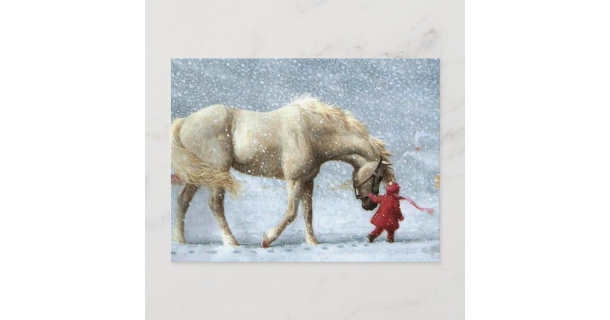 kind das ein pferd im schnee fuhrt postkarte zazzle de