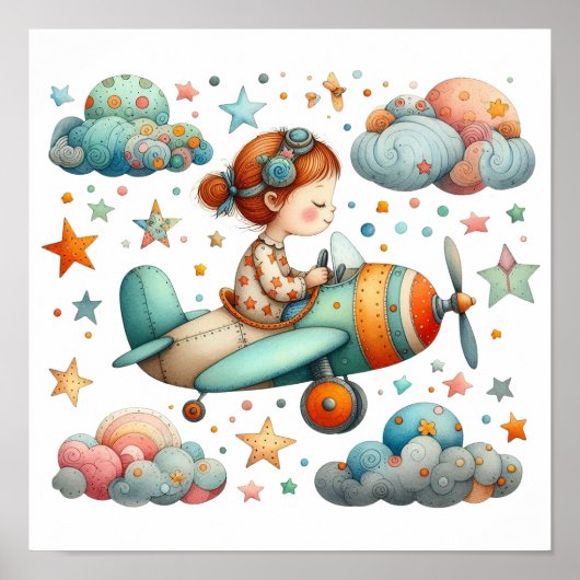 Kind, das ein Propeller-Flugzeug fliegt Whimsical- Poster (Vorne)