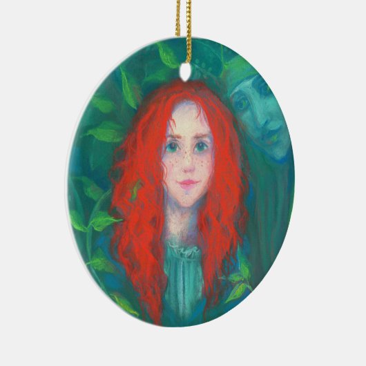 Kind des Waldes, rot-haariges Mädchen, grüne Farbt Keramik Ornament (Rechts)