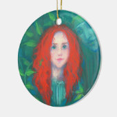 Kind des Waldes, rot-haariges Mädchen, grüne Farbt Keramik Ornament (Links)