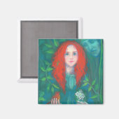 Kind des Waldes, rot-haariges Mädchen, grüne Farbt Magnet (Vorderseite/Rückseite)