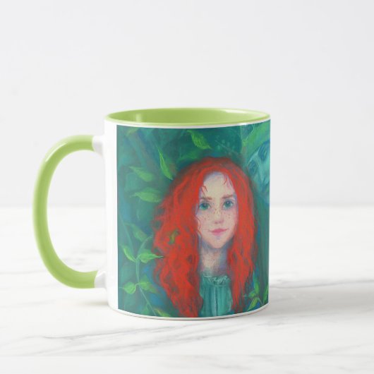 Kind des Waldes, rot-haariges Mädchen, grüne Farbt Tasse (Links)