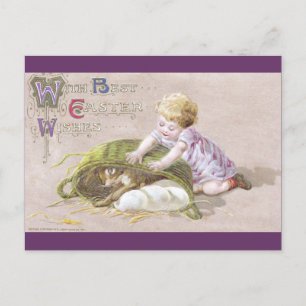 Kind entdeckt Hase, der Eier unter einem Korb vers Postkarte