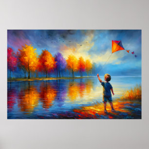 Kind fliegt Drachen am Herbstfluss Poster