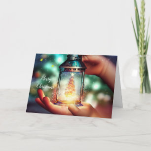 Kind hält Weihnachtslaterne Feiertagskarte