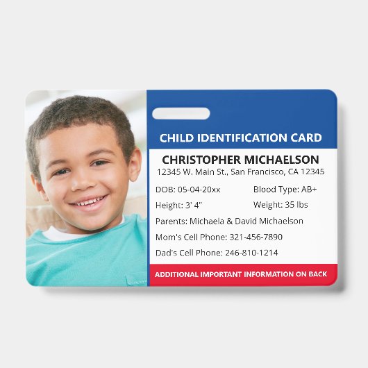 Kind-ID-Identifikation Notfallallergie-Foto Ausweis (Vorderseite)
