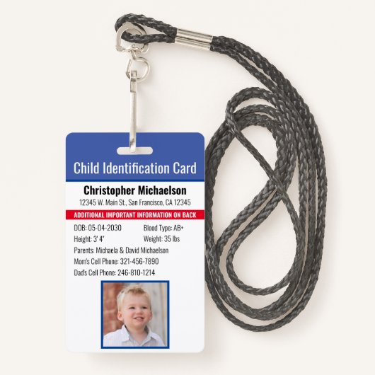 Kind-ID-Identifikation Notfallallergie-Foto Ausweis (Vorderseite mit Schlüsselband)