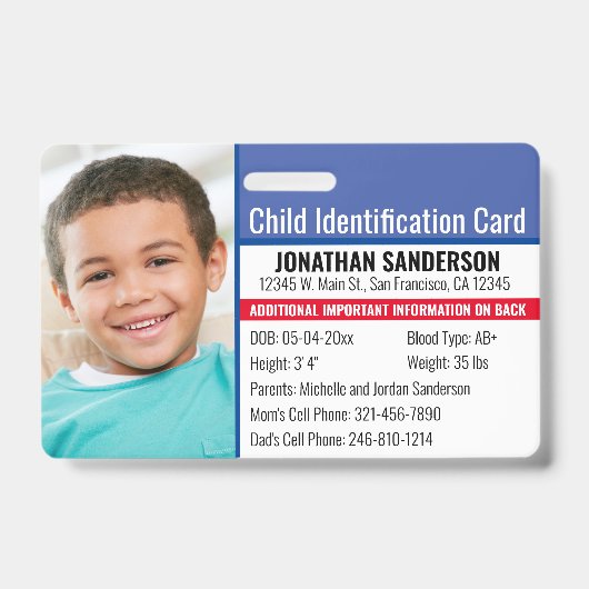 Kind-ID-Identifikation Notfallallergie-Foto Ausweis (Vorderseite)