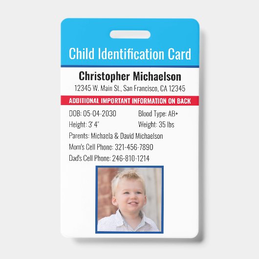 Kind-ID-Identifikation Notfallallergie-Foto Ausweis (Vorderseite)