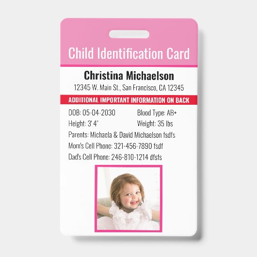 Kind-ID-Identifikation Notfallallergie-Foto Ausweis (Vorderseite)